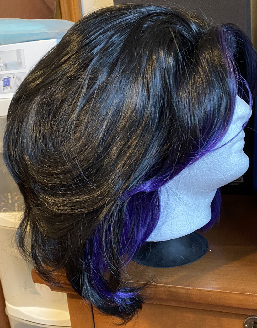 Beautiful Wig- Black W Purple Highlights -Adjustable-Medium Length-See Pictures