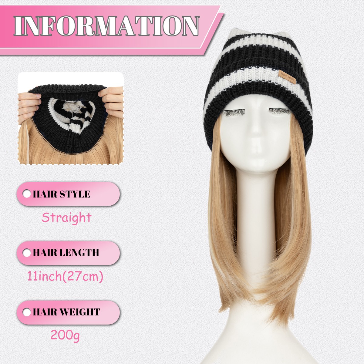 Beanie Hat Wig with 8/11/16/18″ Synthetic Straight&Curly Wavy Hair Knitted Cap
