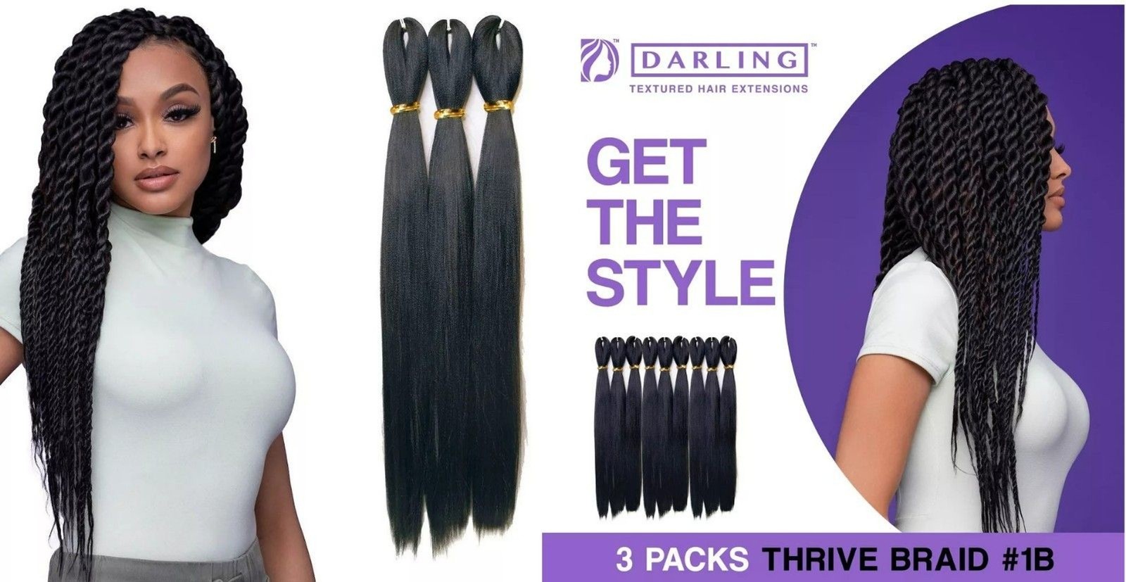 Darling 52” inch 3pk Pre-Stretched 100% Kanekalon Thrive Braid #1B Black