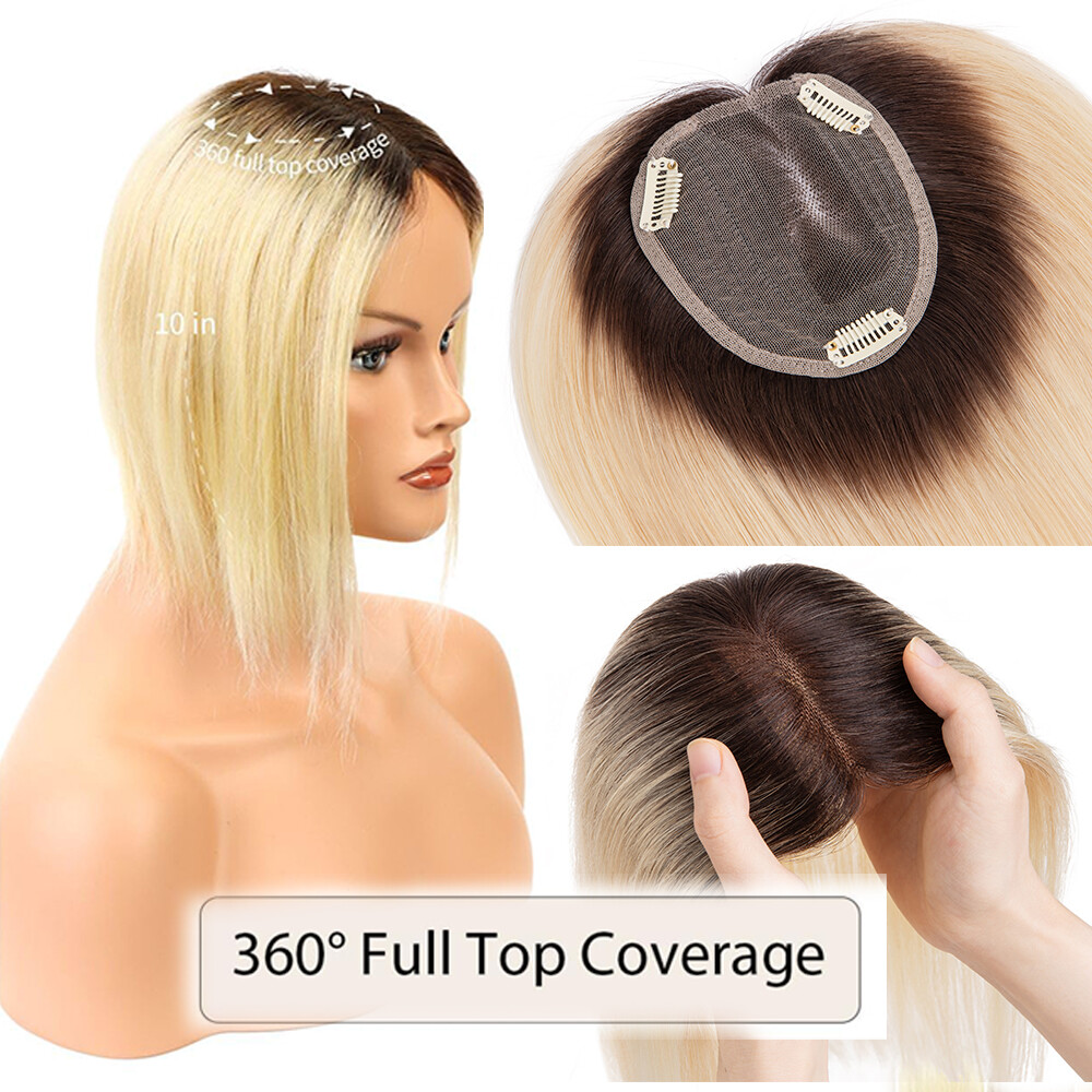 Silk Base 100%Human Hair Topper Clip in Hairpiece Wig Toupee Top Piece Side Part