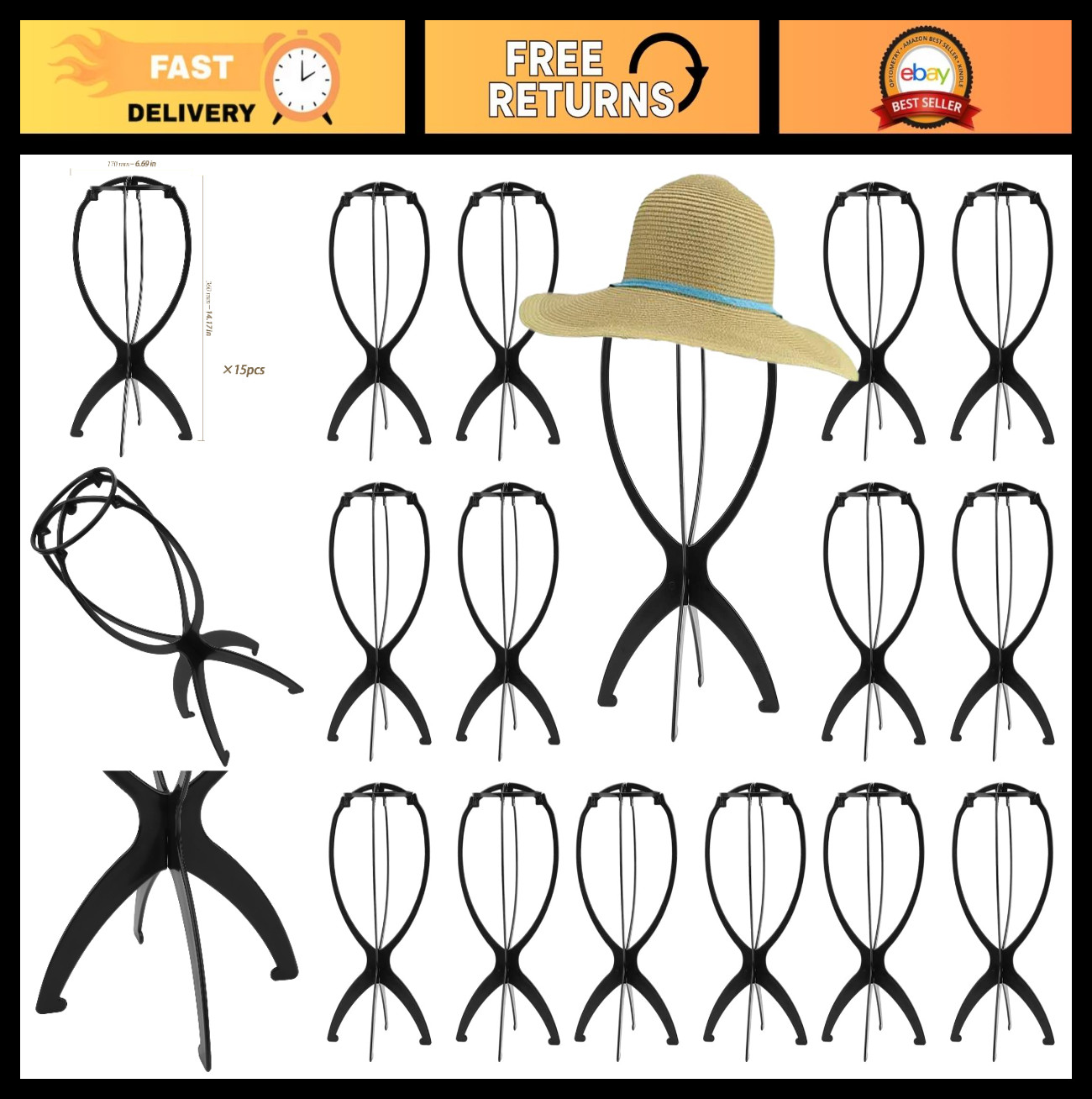 15 Pack 14″ Black Collapsible Wig Stand – Durable Portable Display Holder for Wi