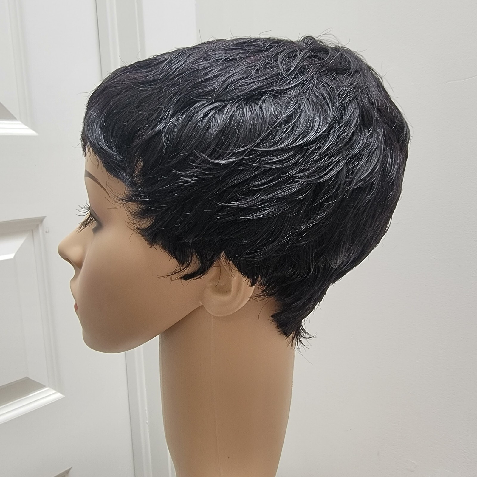 2″ Short Pixie Layer Natural Black Human Hair Classic Cap Wig Women Size M