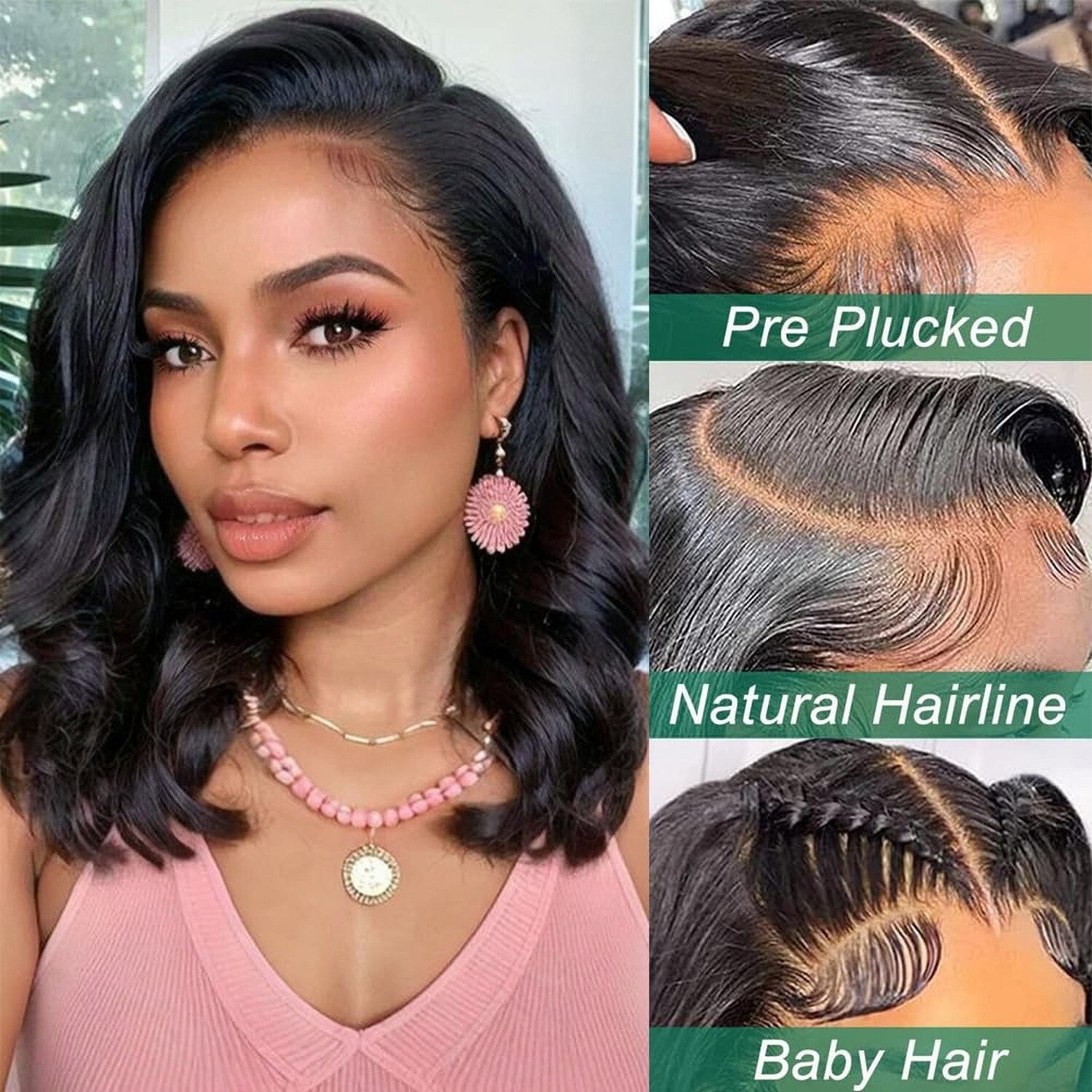 14″ Brazilian Bob Wigs Human Hair Natural Black Wave Lace Front Glueless Wigs