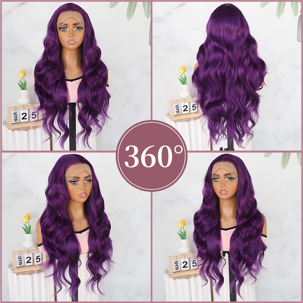 Frontal Lace Wigs Long Wavy Purple Hair Heat Resistant Soft Pre Plucked Hairline