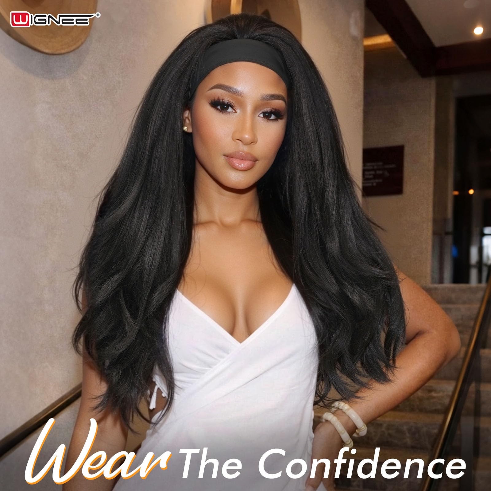 Yaki Curly Headband Synthetic Layered Kinky Straight Half Wear and Go Glueles…