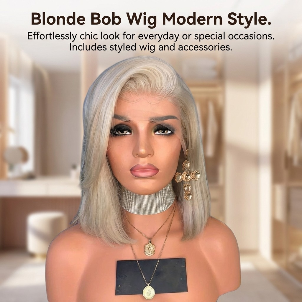 Golden Blonde Short Bob Cut Wig with Middle Part Straight Hair Fashionable Style