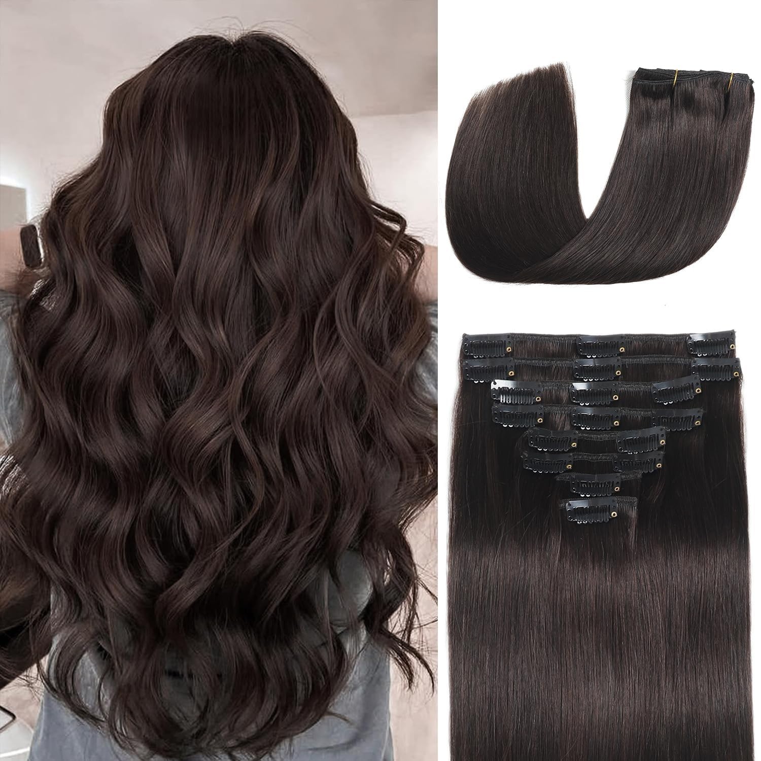Real Human Hair Clip-In Extensions Dark Brown 120g 8PCS Tangle-Free Seamless Vol