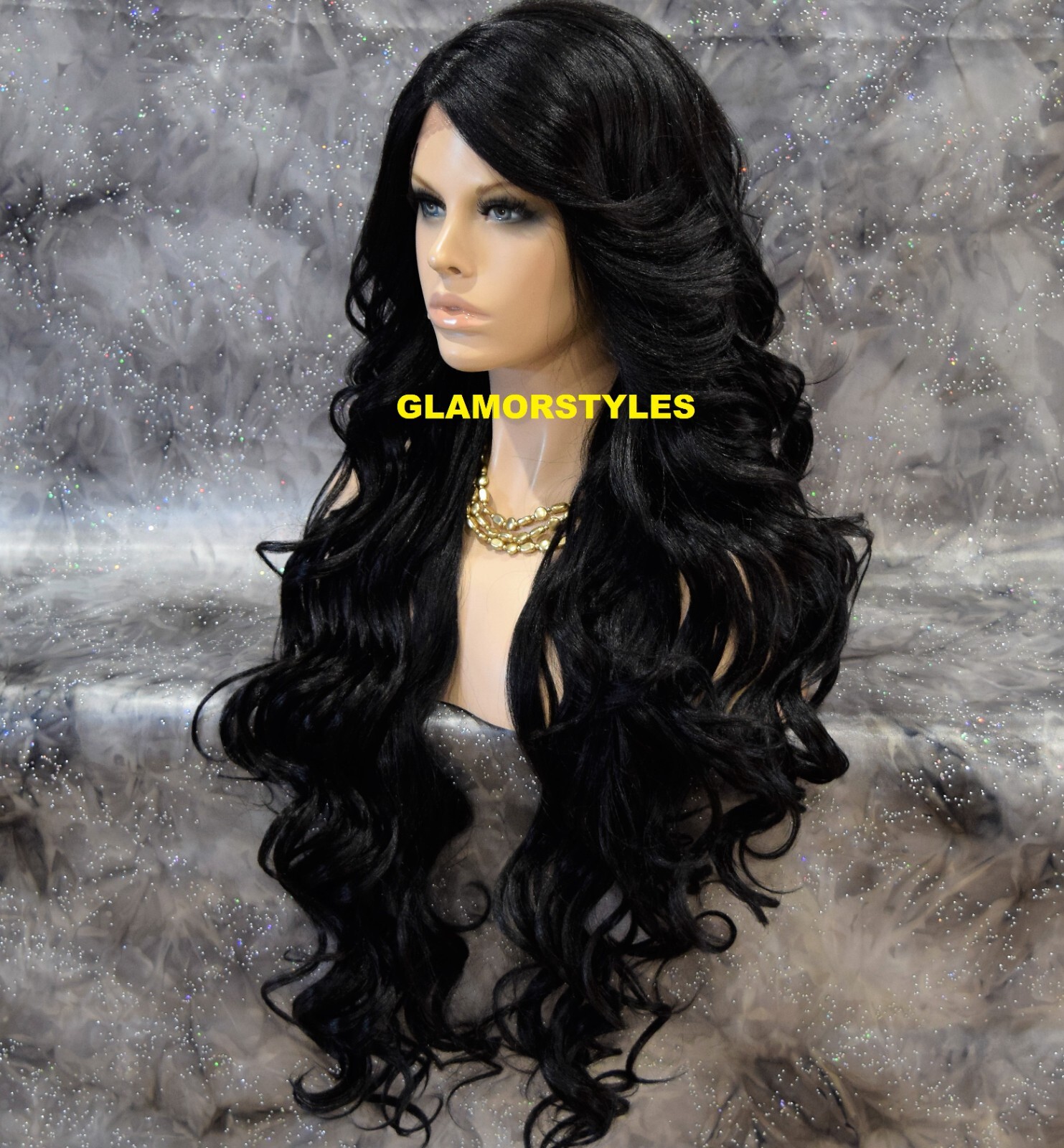 LACE FRONT FULL WIG EXTRA LONG WAVY LAYERED SIDE PART JET BLACK #1 HEAT OK NWT