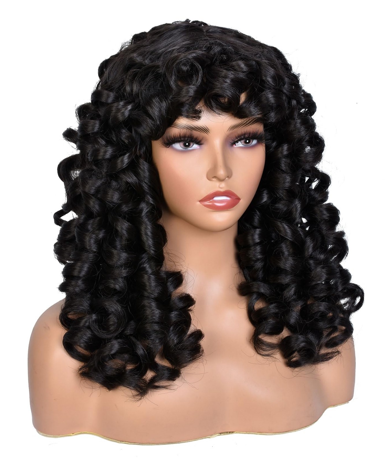 Chocolate Brown Curly Wigs for Black Women Long Curly Afro Wig with Bangs for…