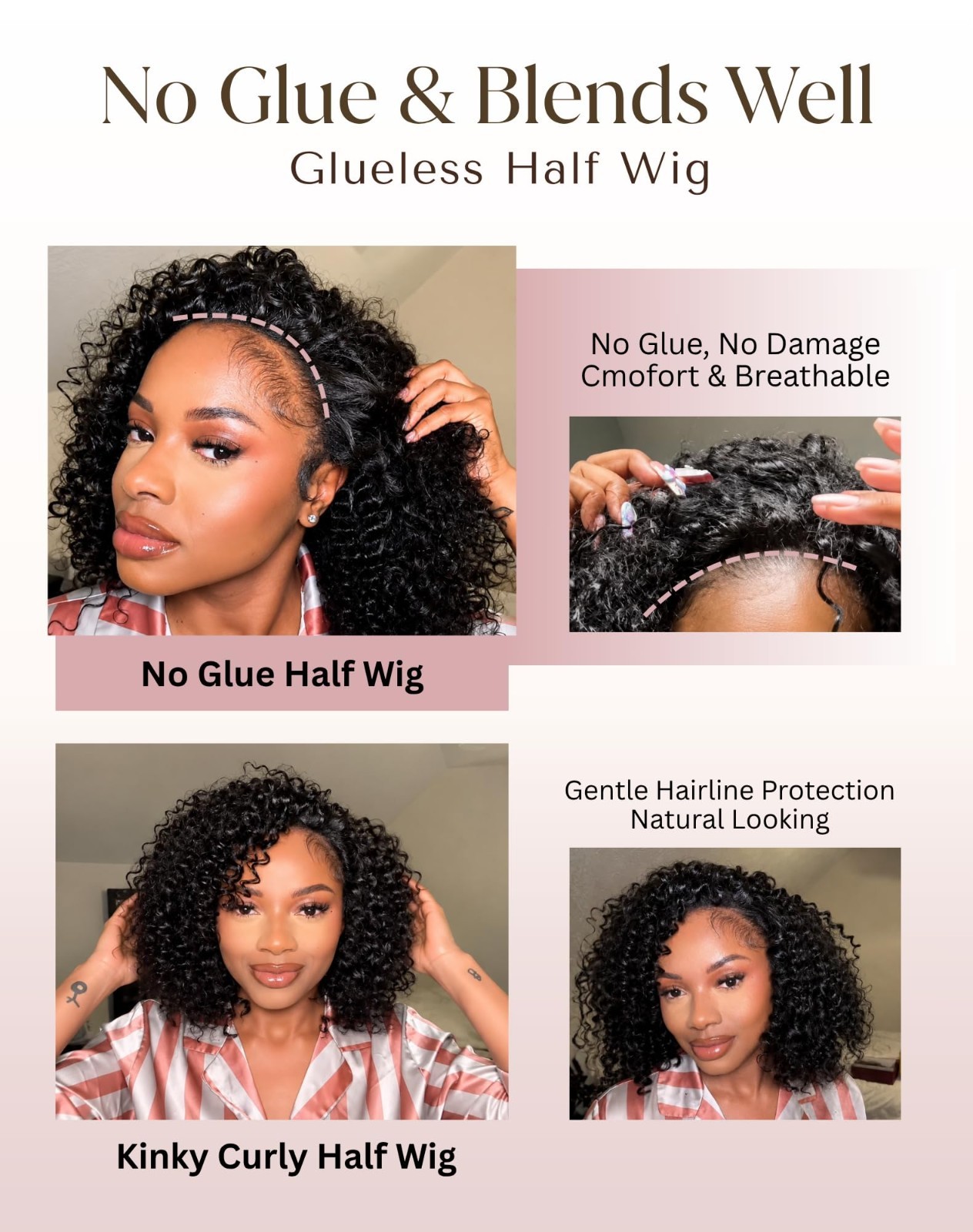 Kinky Curly Half Wig 100% Remy Human Hair | Glueless Flip Over Drawstring 3-in-1