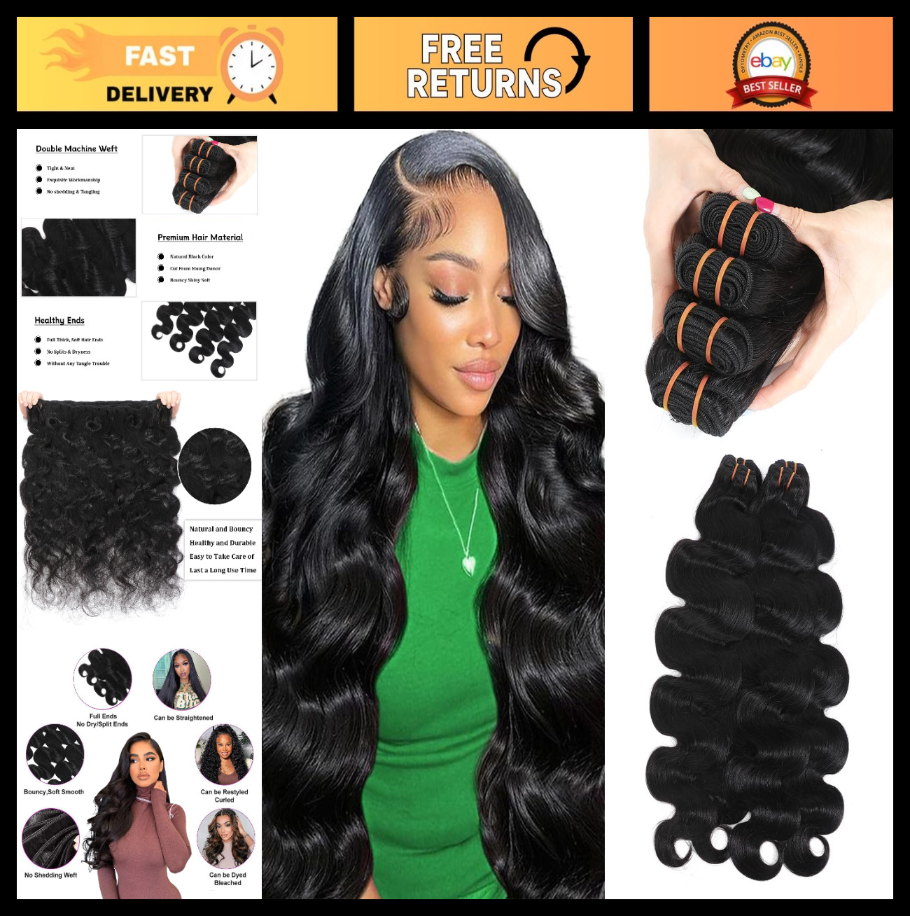 16A Raw Human Hair Bundles 18-24 Inch Body Wave, Silky Soft Double Wefts, Virgin