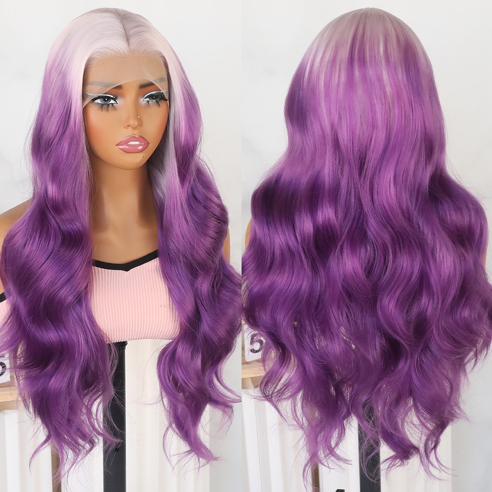 Body Wave Lace Front Wigs Ice Pink Ombre Purple Hair Long Wavy Heat Safe Natural