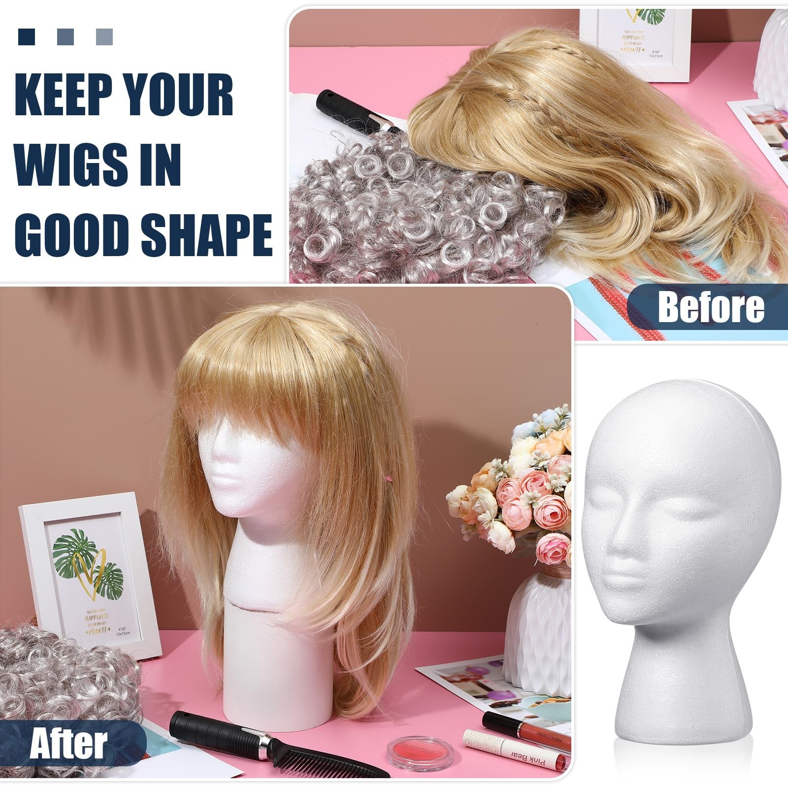 Gisafai 6 Pcs Foam Wig Head 50 Pcs T Pins Female Foam Mannequin Wig Stand And