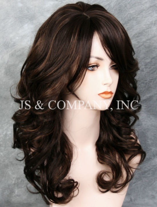 Glamorous New Big Curly Wavy Brown Auburn Mix Wig w Bangs BL 4-30