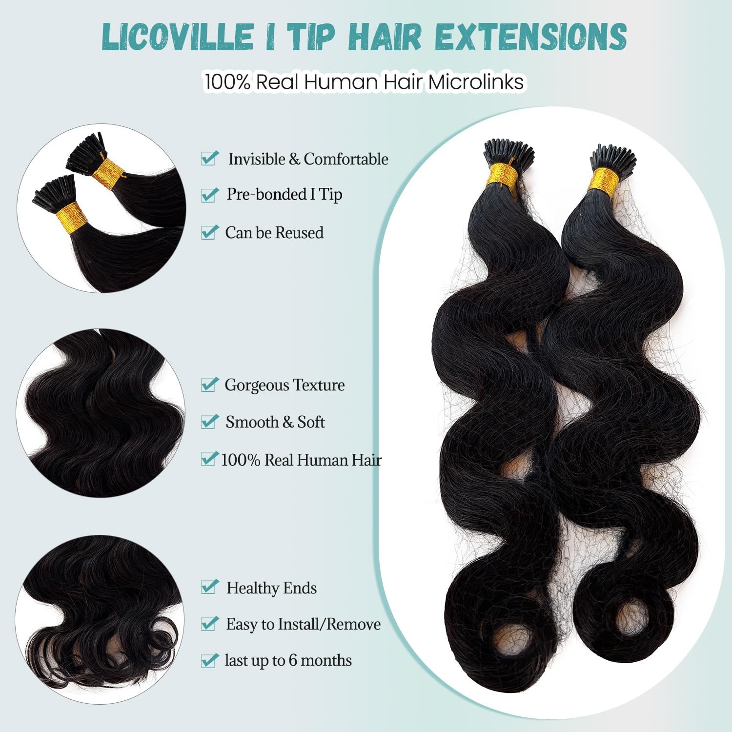Licoville Body Wave I Tip Hair Extensions Human Hair For Black Women 12 Inch