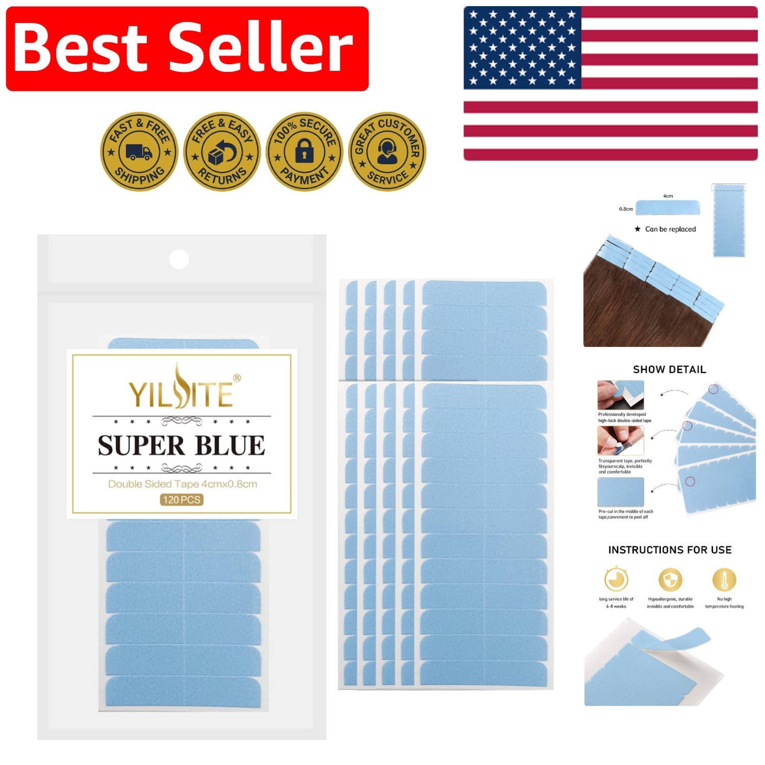 Durable and Waterproof 120-Piece Hair Extension Double-Sided Tape – 4×0.8 cm