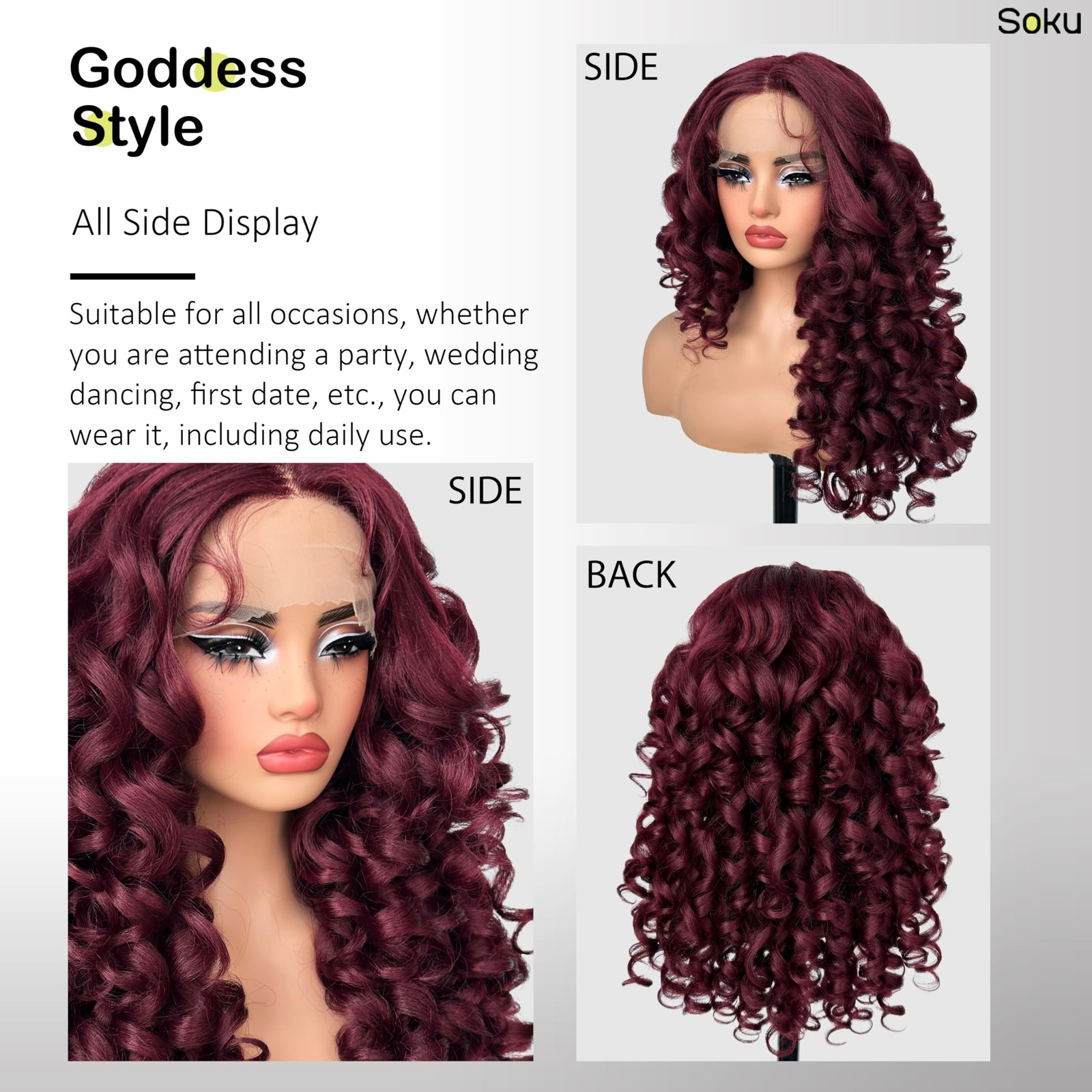 Soku Curly Lace Frontal Wigs For Black Women Long Wavy Red Burgundy Glueless