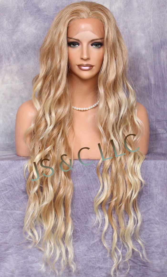 Human Hair Blend HEAT OK Blonde mix Lace Front Wig Wavy long 37″ JSTA T27/613