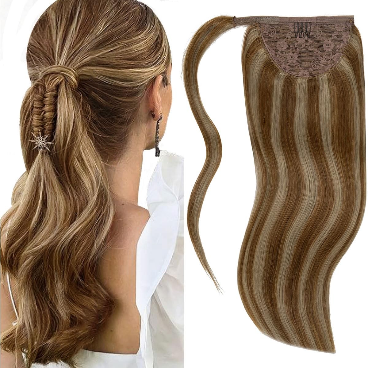 Lacer Real Human Hair Wrap Around Ponytail Extension Dark/Light Brown Highlight