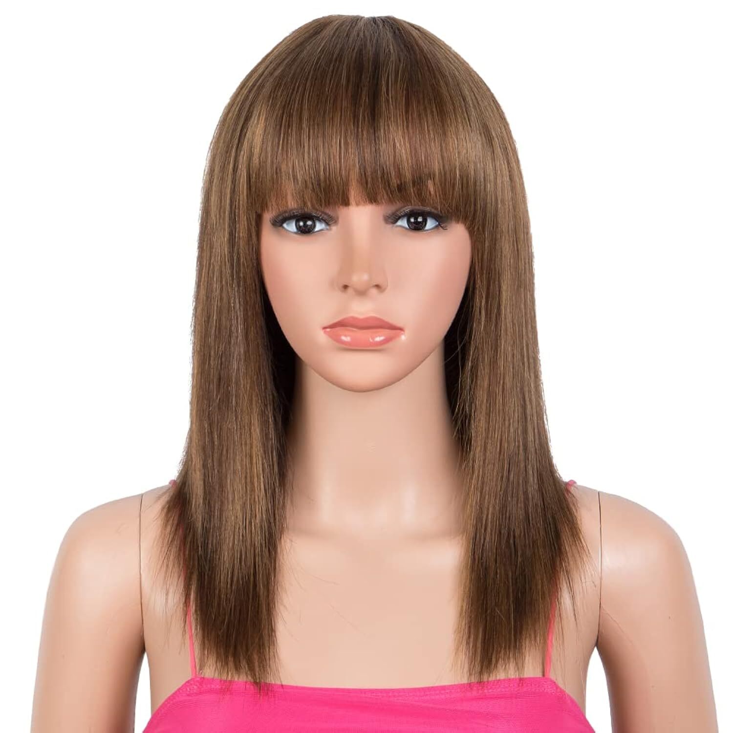 Modern Ombre Brown Straight Wig with Bangs, 14”, Glueless, Highlight