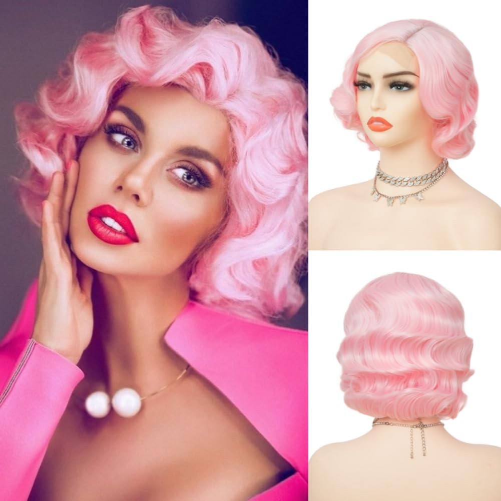 Salaibs Pink Finger Wave Wig 1920s Women’s Heat Resistant Synthetic