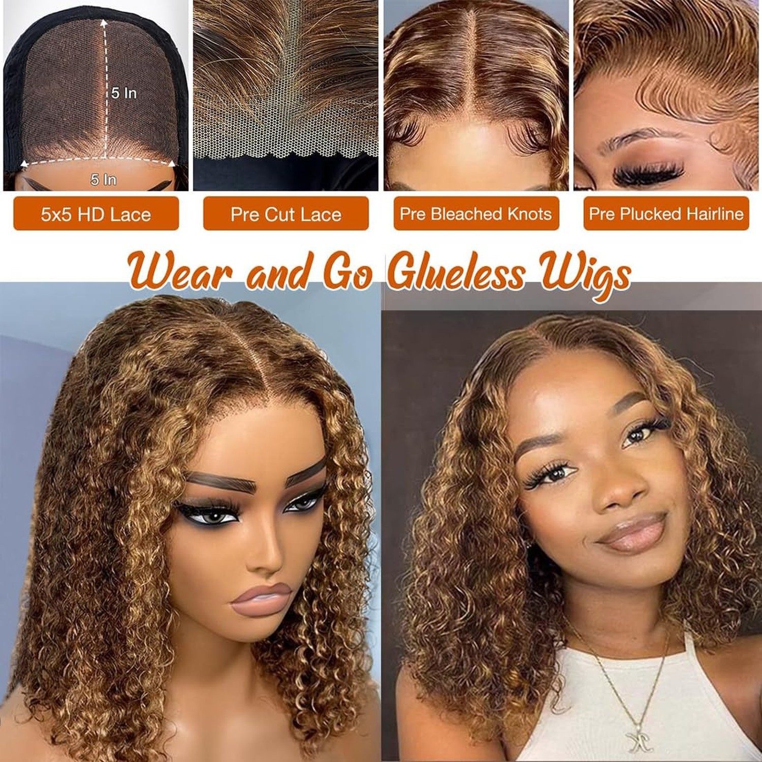 Deep Wave Bob Wig Human Hair Wear and Go Glueless Highlight 5×5 HD … Fast Ship