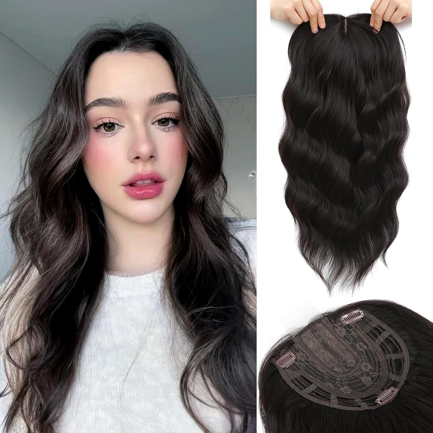 Brown Black Side Bangs Long Wavy 20in Women Premium Hair Topper