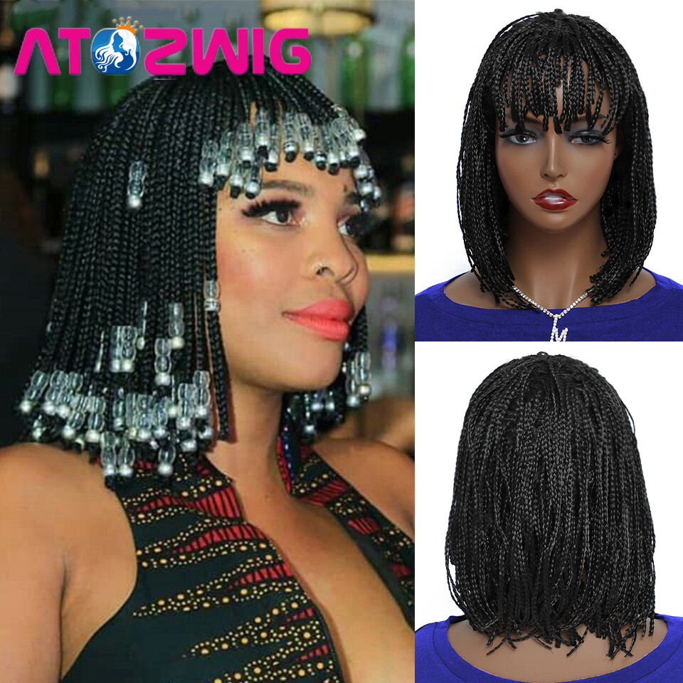 ATOZWIG Short Synthetic Bob Black Braided Wigs with Bangs Micro Box Braids Wigs