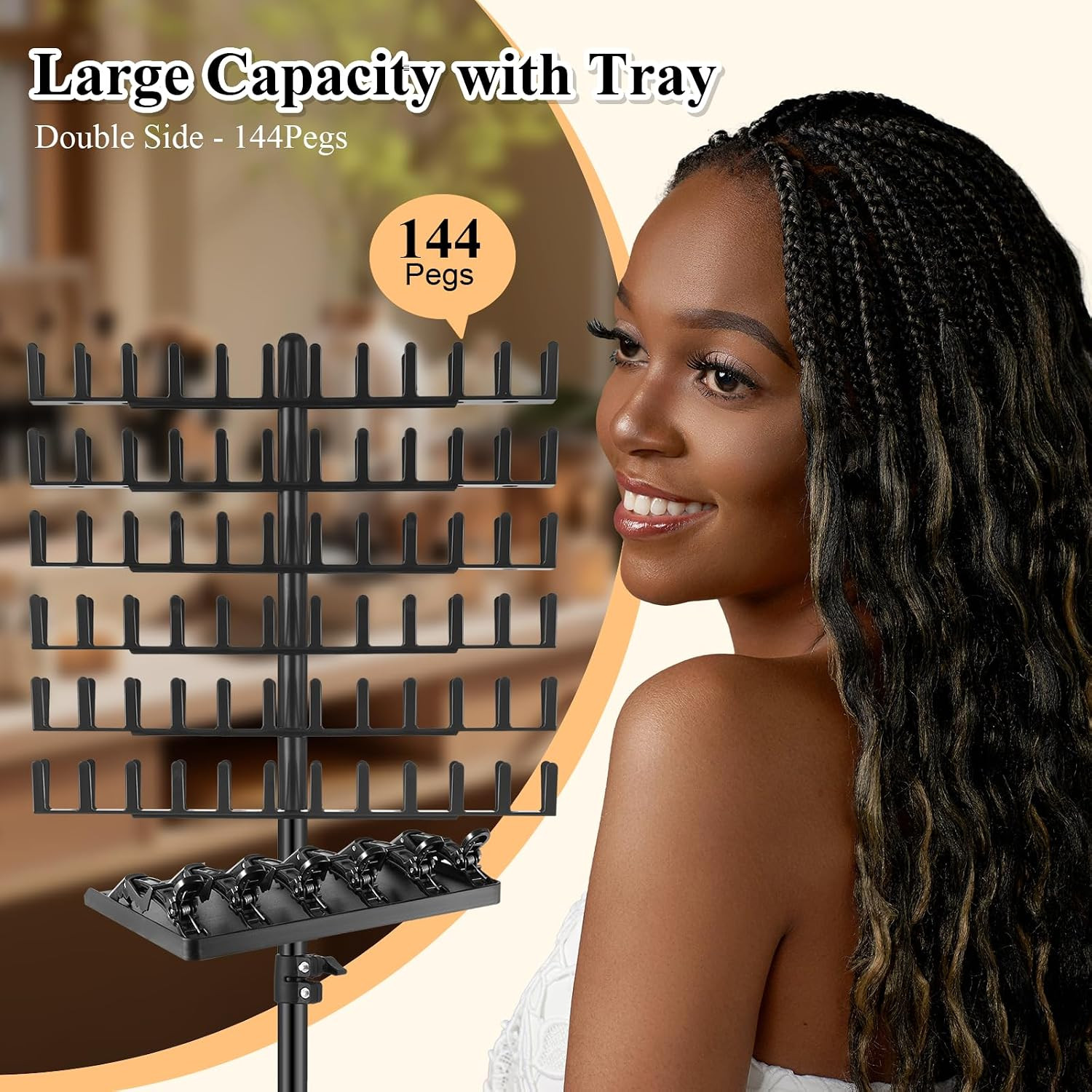 Braiding Rack with Tray, 144 Pegs Height Adjustable, 2-Side Hair Extension Holde