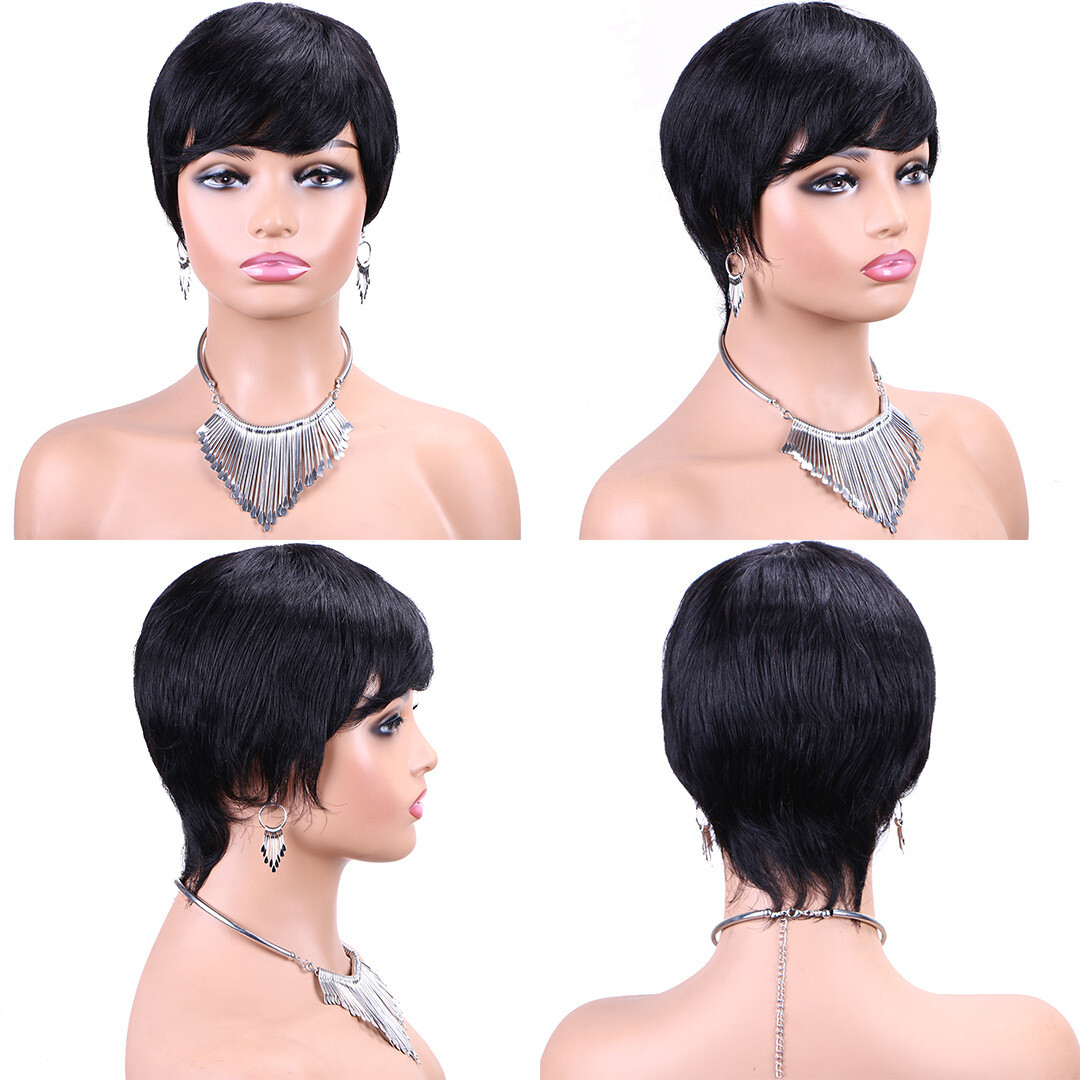 Short Pixie Cut Wigs Full Machine Made Remy Human Hair Wig With Bangs For Women