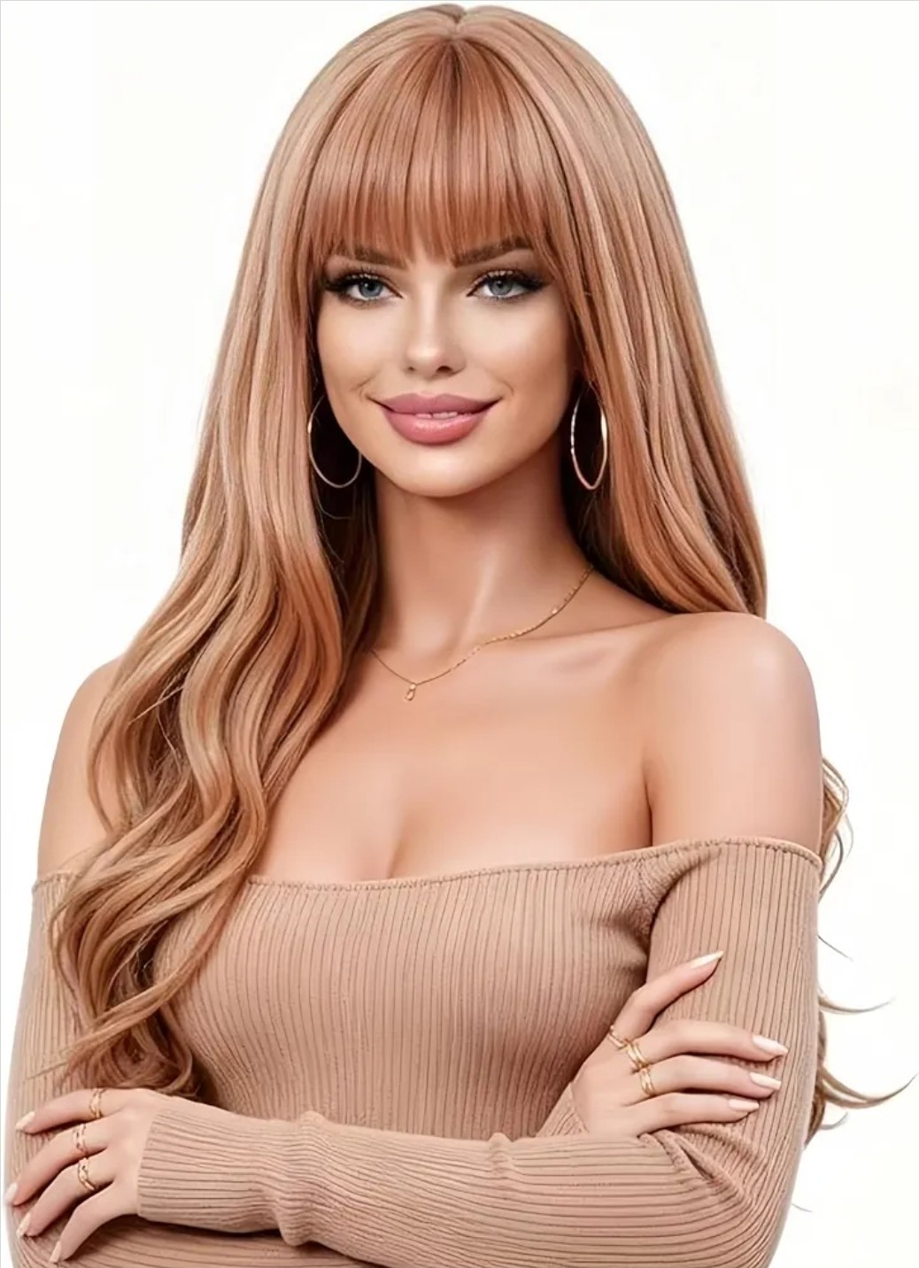 Long Strawberry Blonde Auburn Red Full Wig Human Hair blend layers bangs