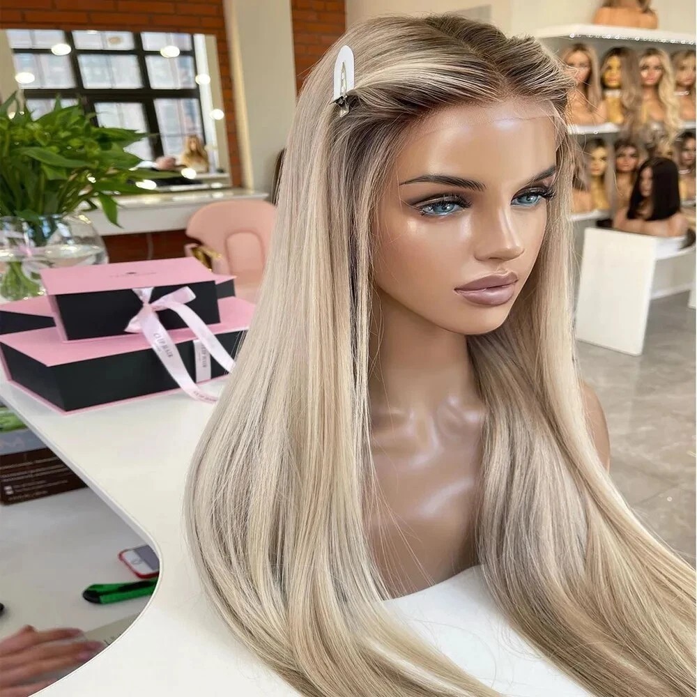 Heat Resistant Synthetic Hair Long Straight Lace Frontal Wig Women Ombre Blonde