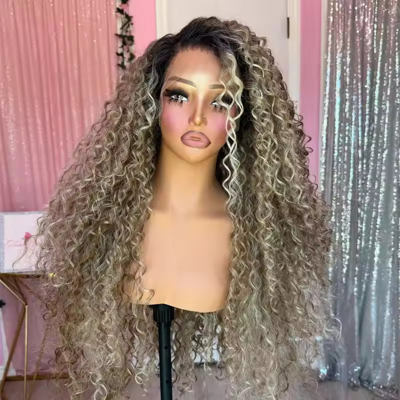 22 INCH Curly Wave Wig Ombre Ash Blonde Lace Front 100% Human Hair Wigs