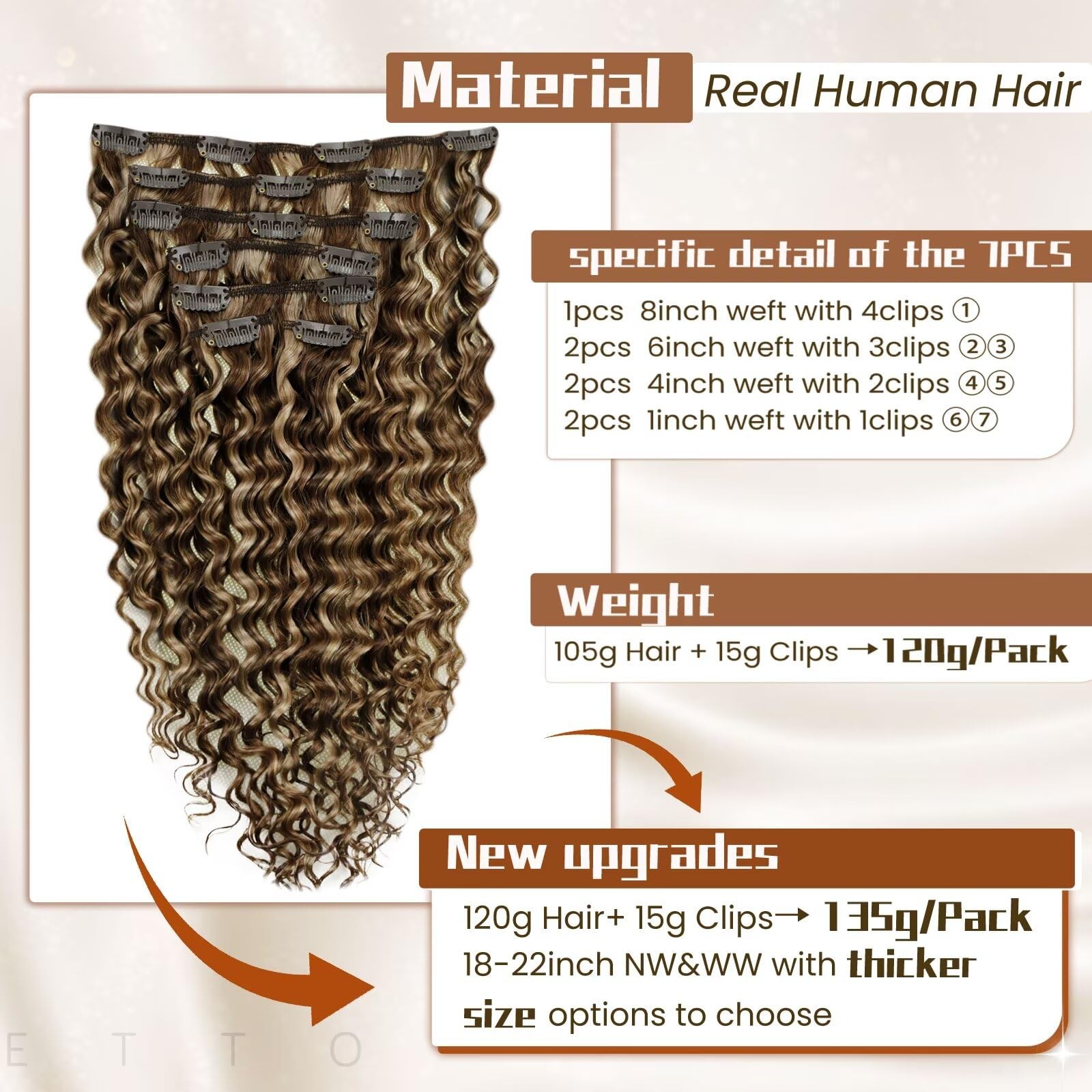 Hetto Curly Clip In Hair Extensions – Medium Brown Honey Blonde Highlights 120G