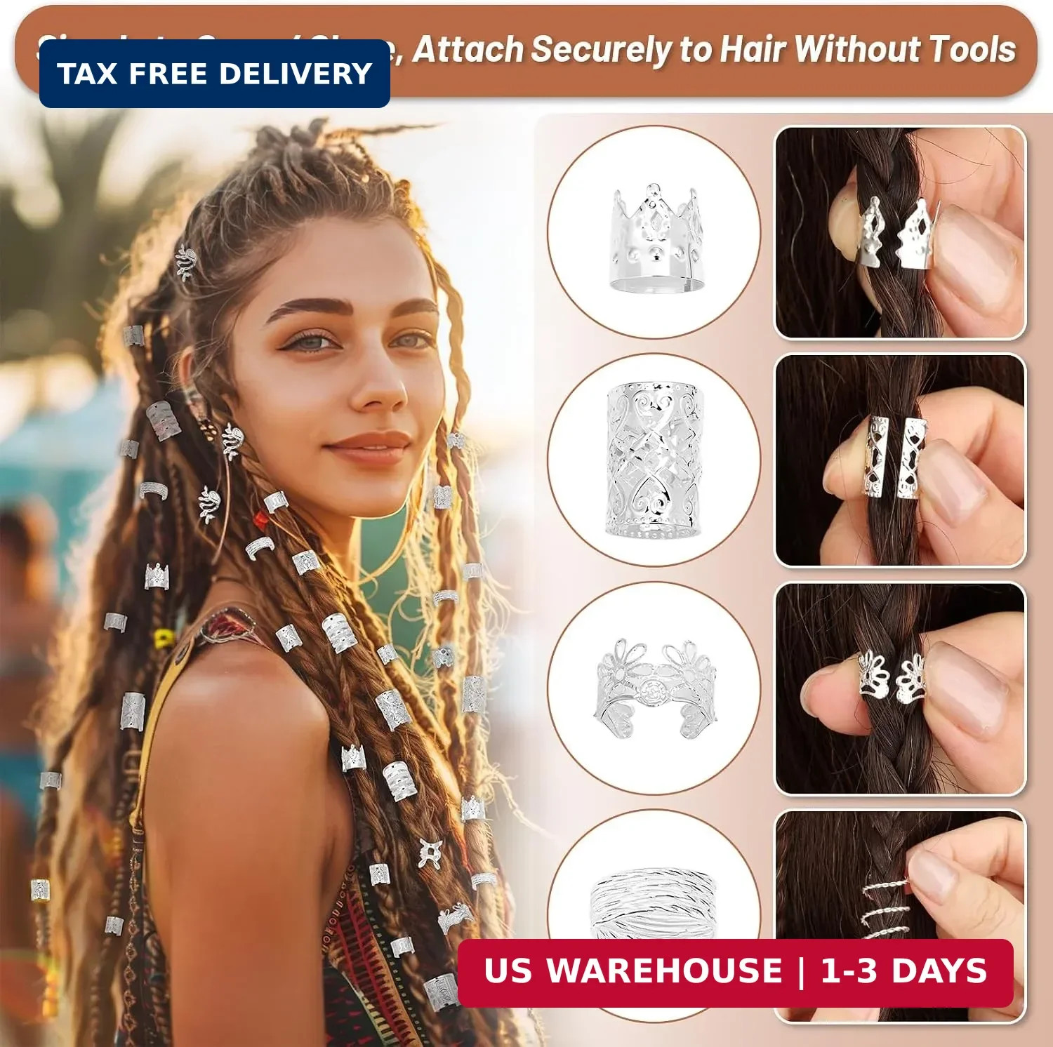 323 Pcs Silver Hair Jewelry for Braids, Dreadlocks, Twists and Locs, Adjustable