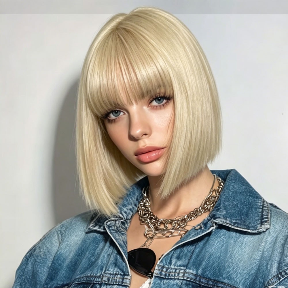 12″Bob Wig with Bangs, Natural Straight Synthetic Hair for Women Daily Wear US