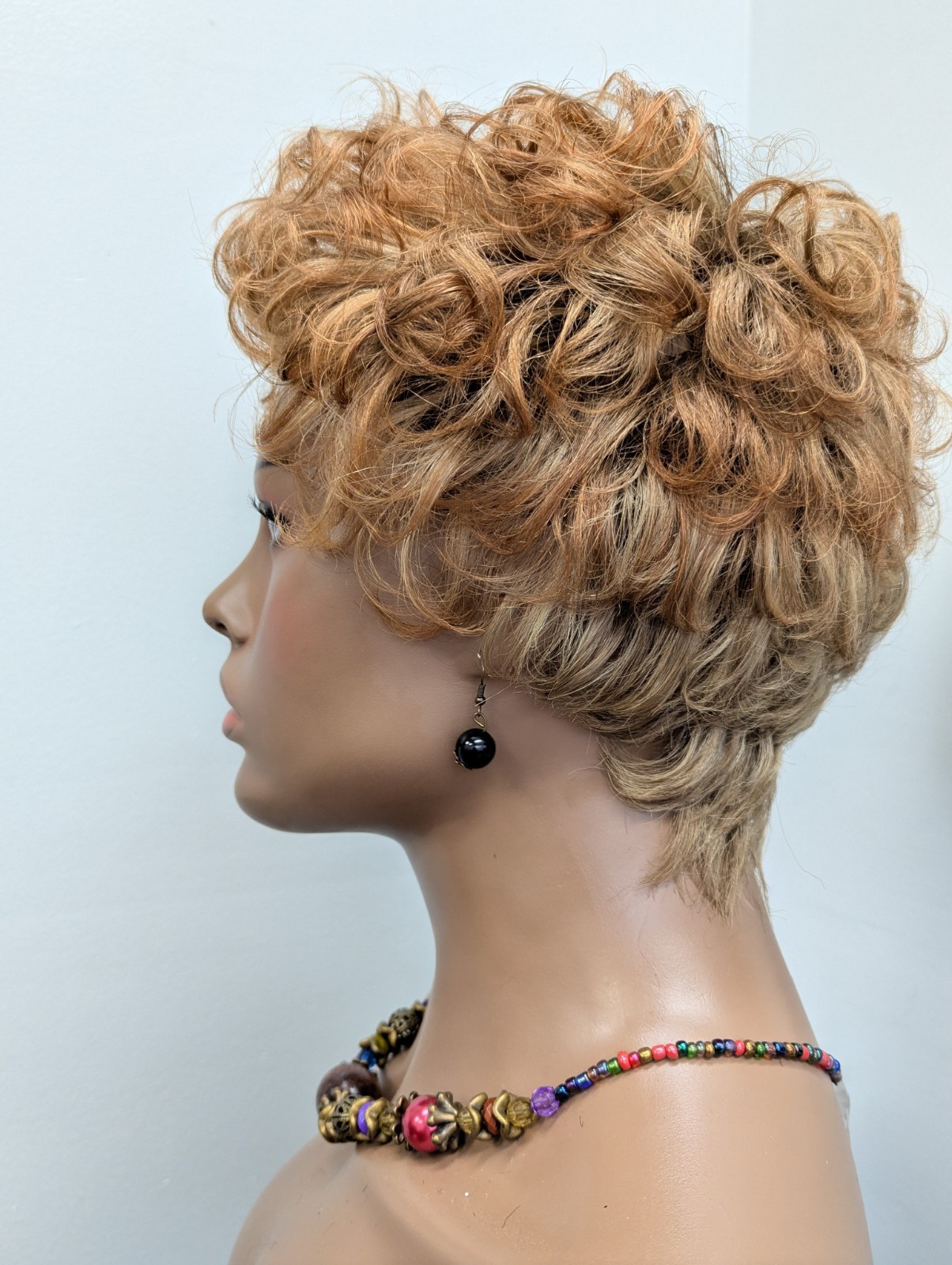 Human Hair Short Pixie Cut With Bangs Light Aurburn Mixed Blonde Wig
