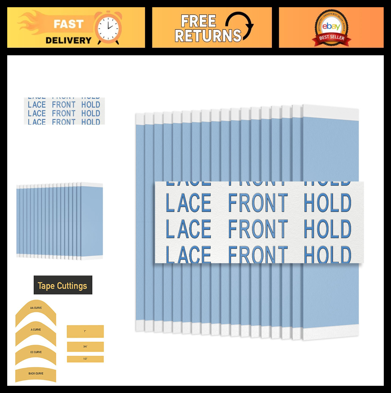 108 Premium Blue Double-Sided Wig Tape Strips | Strong Waterproof Hold | 1″ x 10