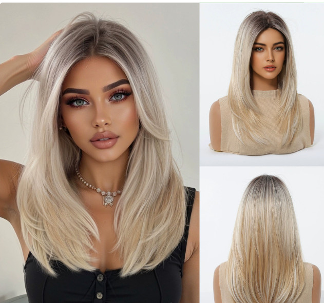 Long Straight Rooted Blonde Mix Middle Part Synthetic Hair Wigs Women Soft