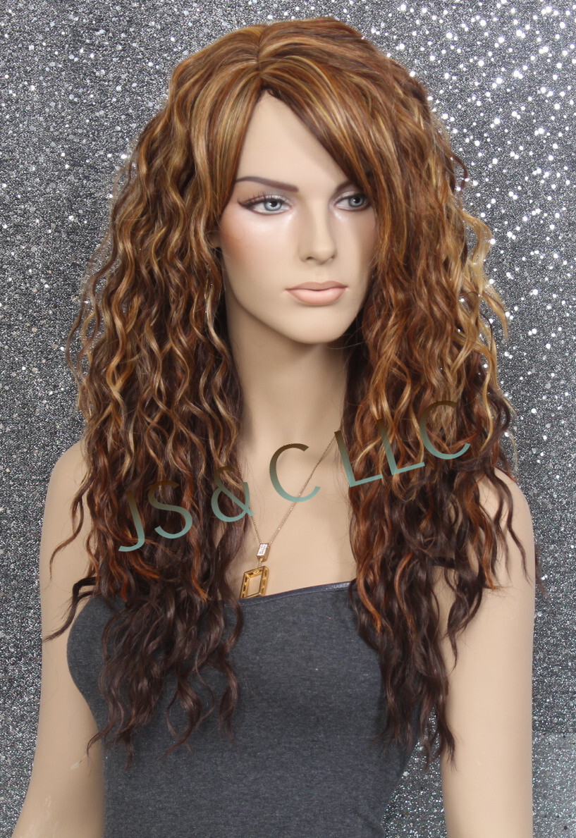 Human Hair Blend Full Wig HEAT SAFE Long Spanish Wavy Layers HDF Brown Gold 4/33