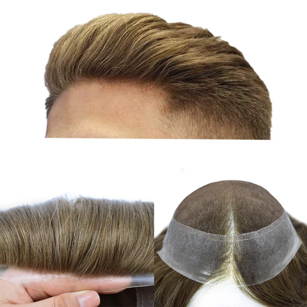Mens Toupee French Lace Poly PU Hairpiece Wig Soft Human Hair System Replacement