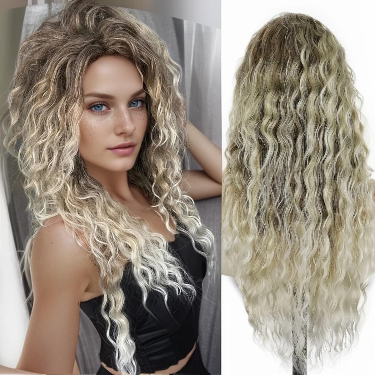 Gnimegil Long Curly Blonde Wigs For White Women Ash Blonde Ombre Wig N