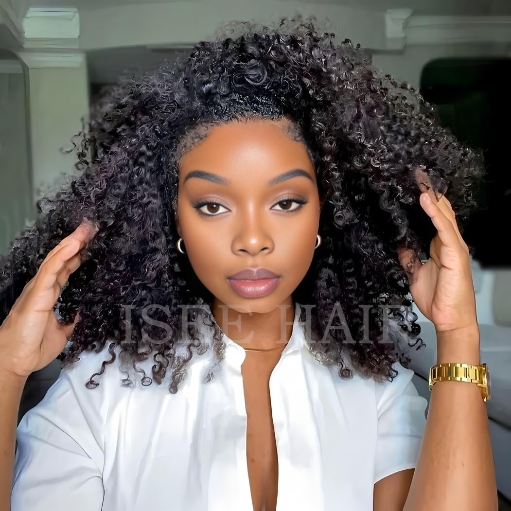 Kinky Curly Half Wig Human Hair 22″ 180% Density Glueless Clip-In Drawstring 3-i