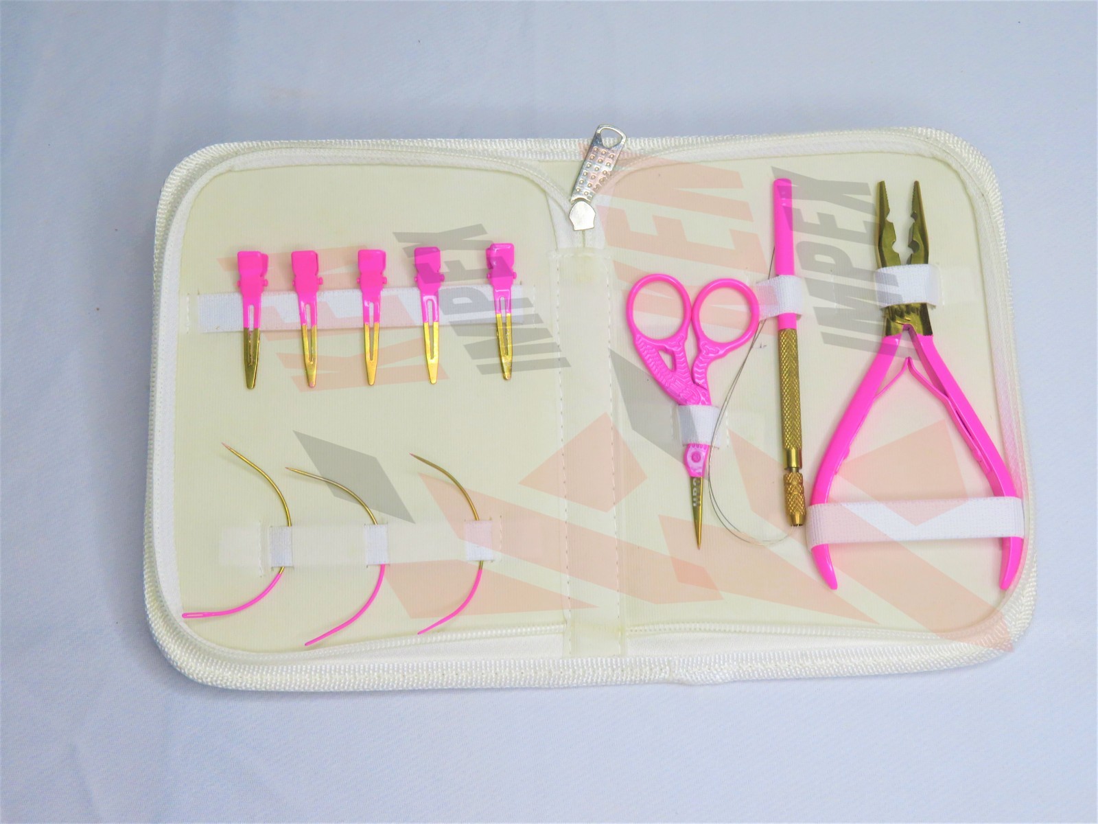 Mini Hair Extension Tools White PVC Leather Kit Case in Hot Pink & Gold Plasma