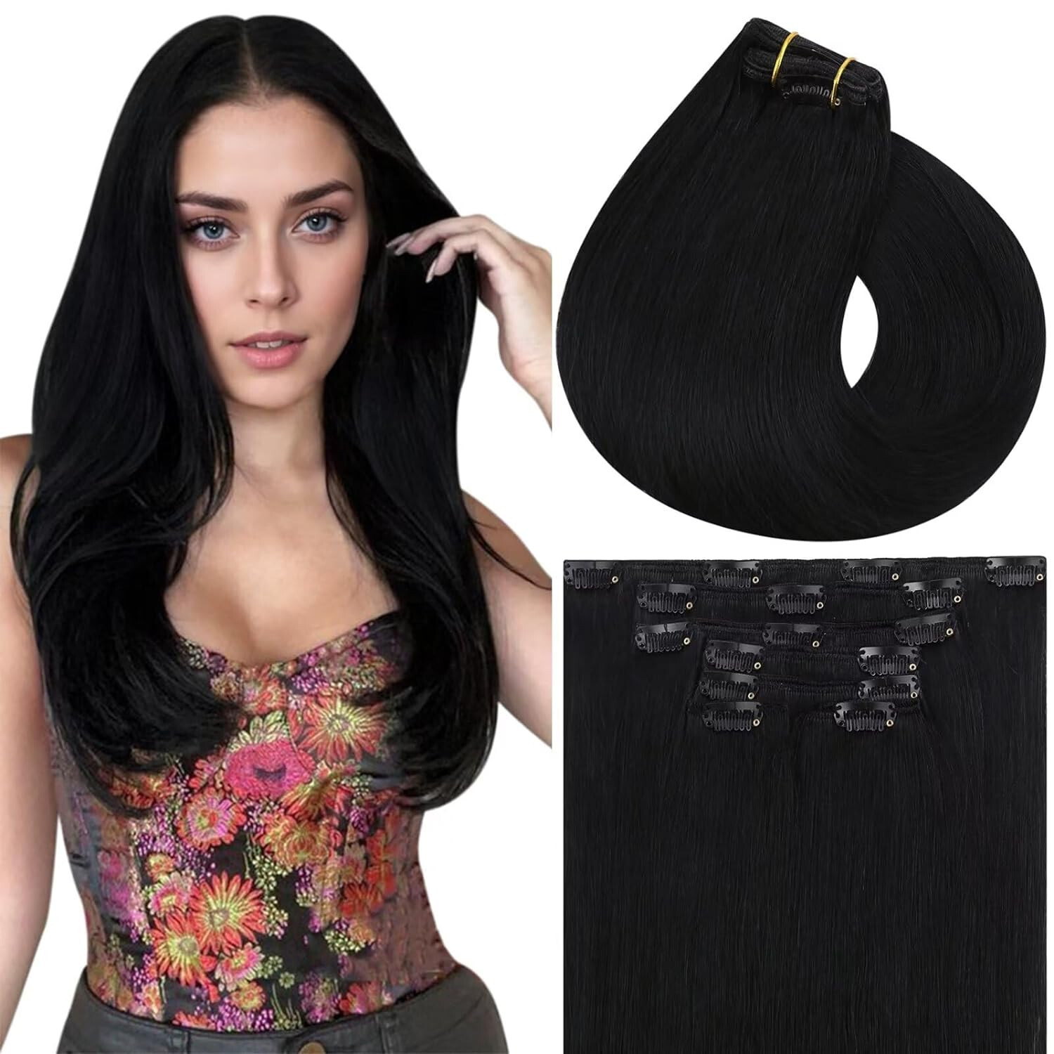 Vivien Human Hair Clip in Extensions Jet Black Women 16 Inch 7pcs 120 Grams #1