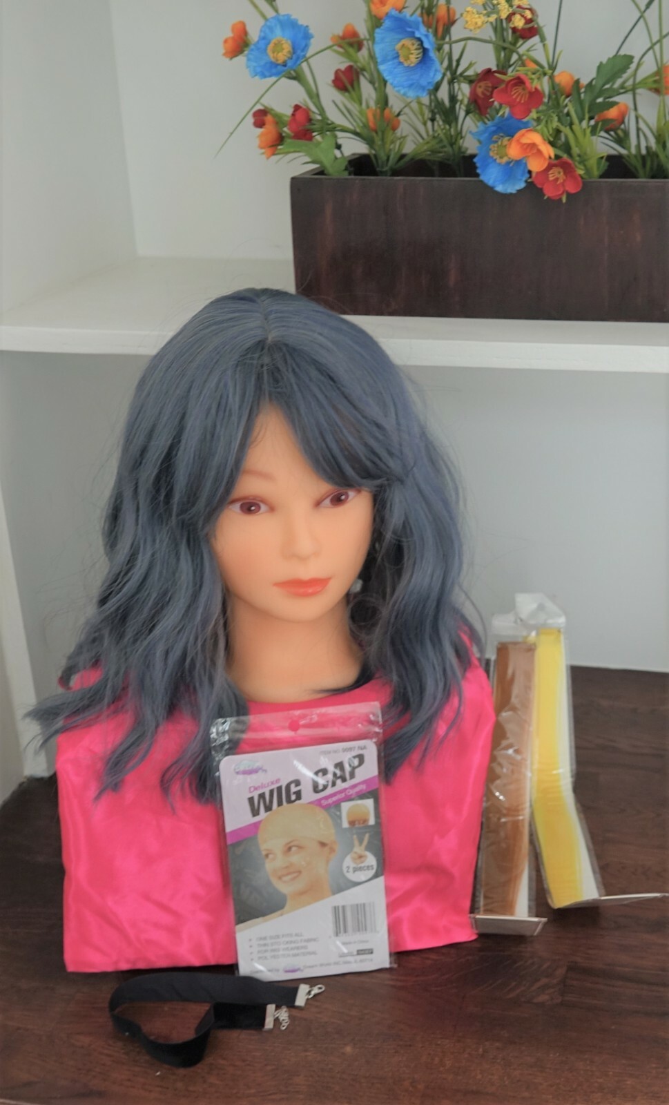 FAELBATY Synthetic Short Bob Blue mix Wavy Wig w bangs Shoulder Length 14″+gifts