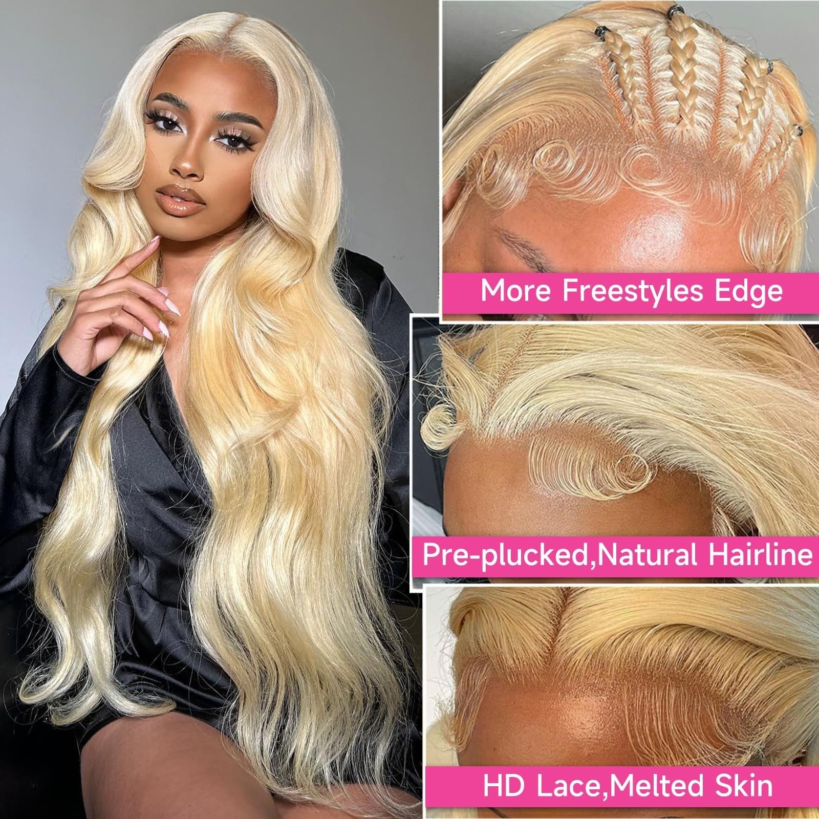 28″ 200 Density Blonde Lace Front Wig, 13×6 Body Wave, Pre-Plucked, Glueless Hum