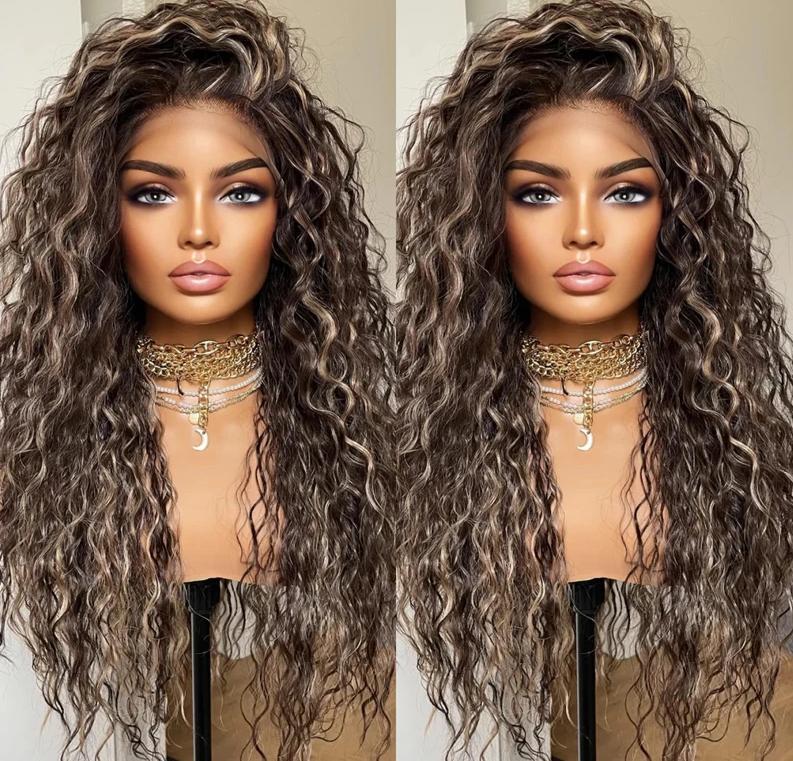 Dark Brown Curly Hair Lace Frontal Wig With Blonde Highlights Human Hair Wig