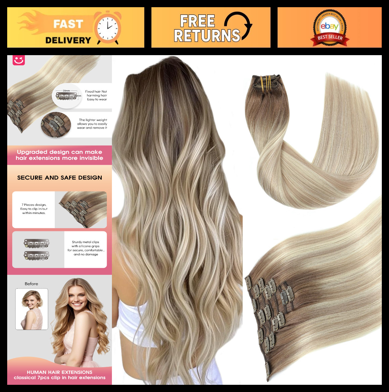 18″ Clip-In Human Hair Extensions 120g, Balayage Ash Brown to Platinum Blonde, 7