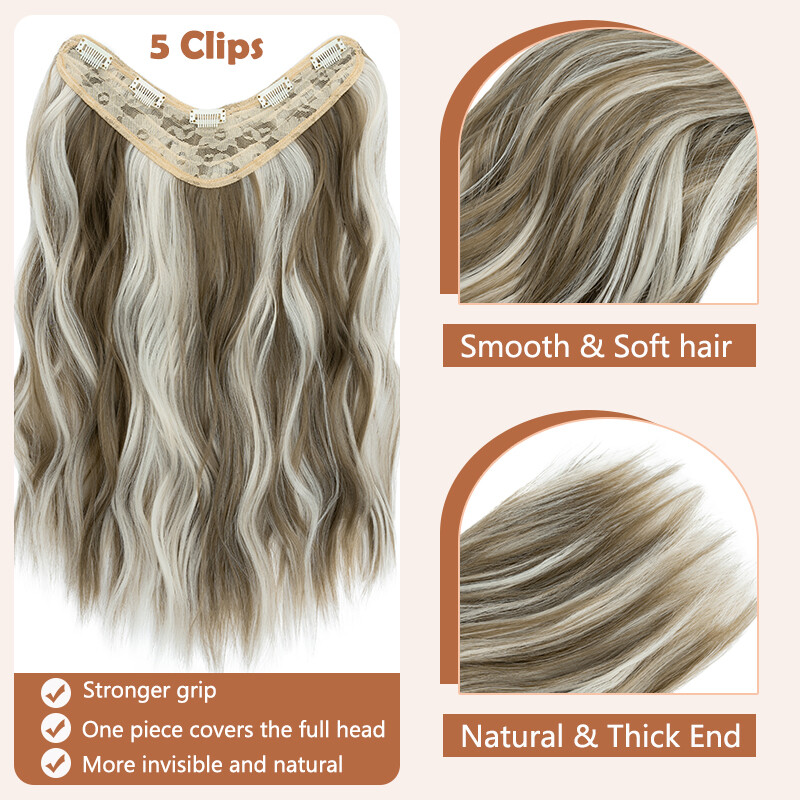US V-Shape One Piece Clip In Hair Extensions Real As Human 3/4 Full Head Thick